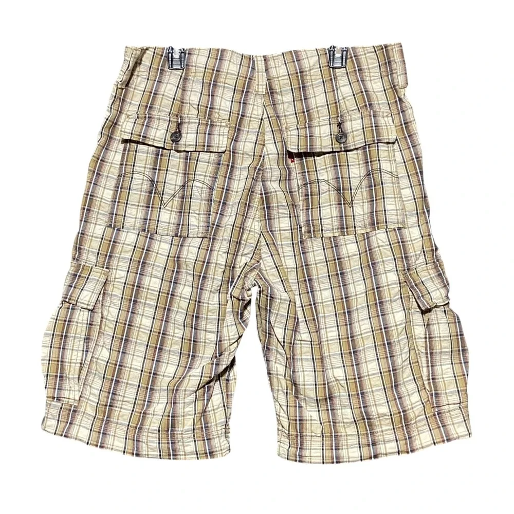 Levis Mens Plaid Cargo Shorts 37 Brown Blue Cotton Relaxed Fit Utility Hiking